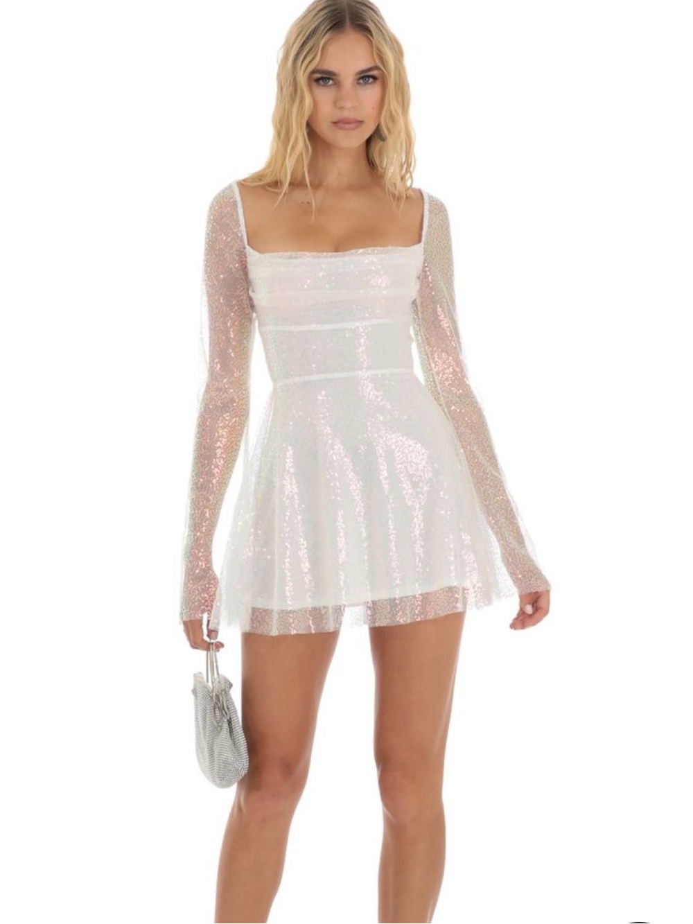 Lucy In The Sky Iridescent Sequin Flare Dress in White size M